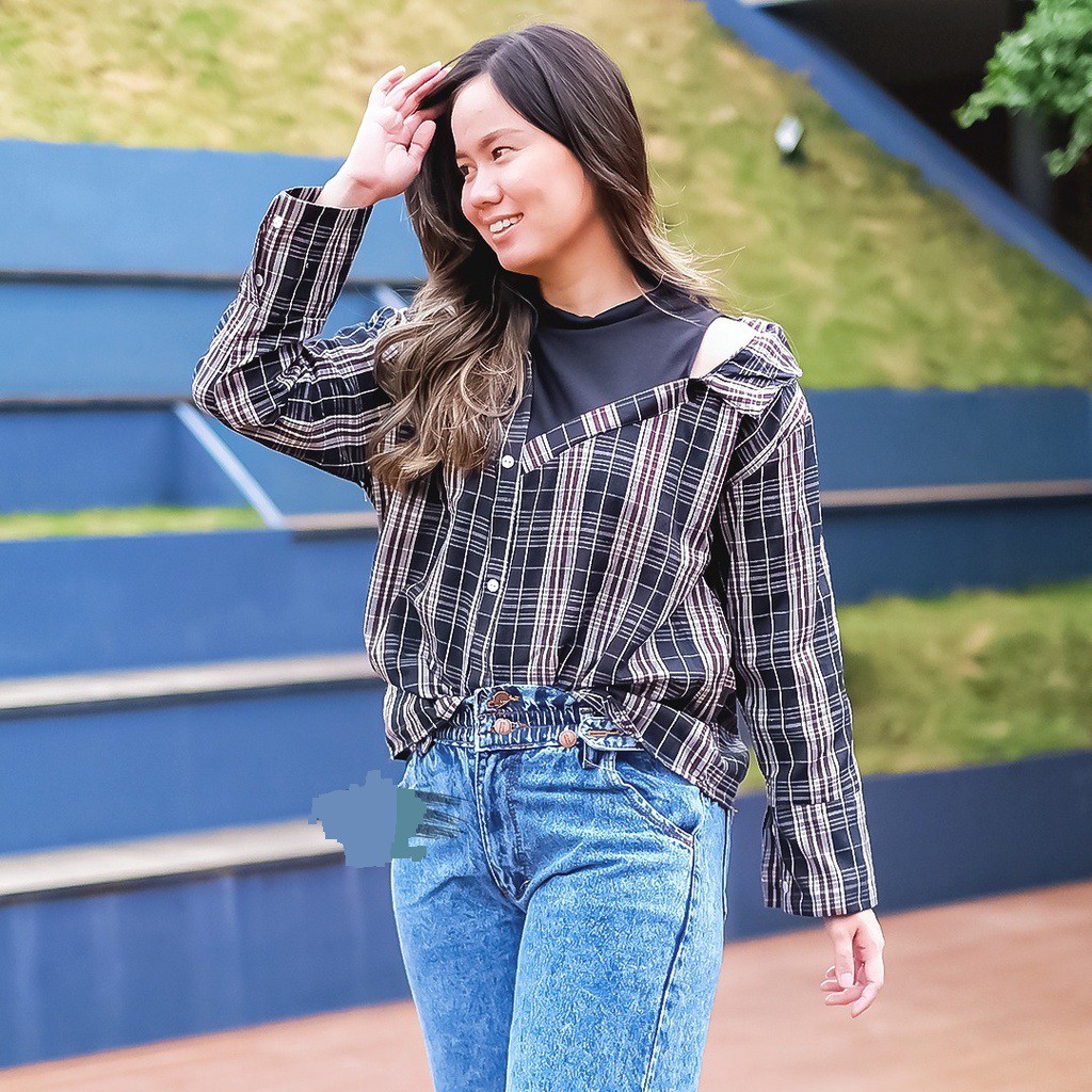 Tq88indonesia Baju Kemeja Casual Wanita Lengan Panjang Terbaru / Kemeja Oversize Tartan Combine Shirt / Kem kombinasi Leher / Kemeja Cewek Terbaru / Ootd / Hem Kekinian /  Busana Santai Wanita