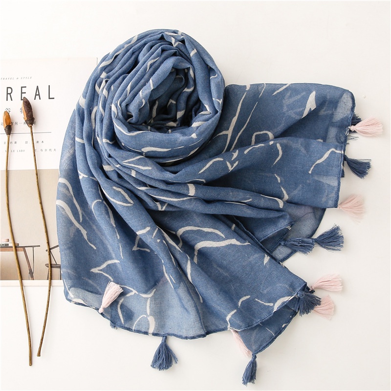 ITSFRIDAY KANA Scarf  - Premium Pashmina Shawl Selendang Syal Pasmina Hijab Import Motif Pattern Biru Putih Cantik Tassel