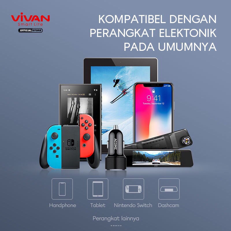 VIVAN Car Charger VCC01 2.4A Dual Port Small &amp; Portable with Charging Cable 100cm Garansi 1 Tahun