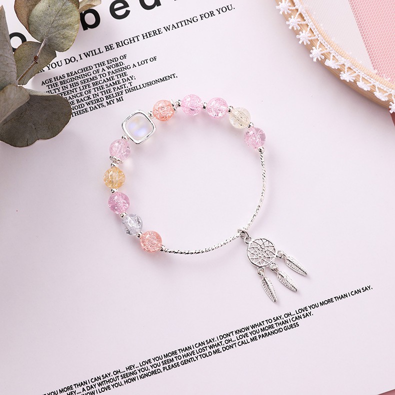 XiaoboACC Gelang Tangan Manik-manik Kristal Dreamcatcher Warna Pink Ala Korea untuk Wanita