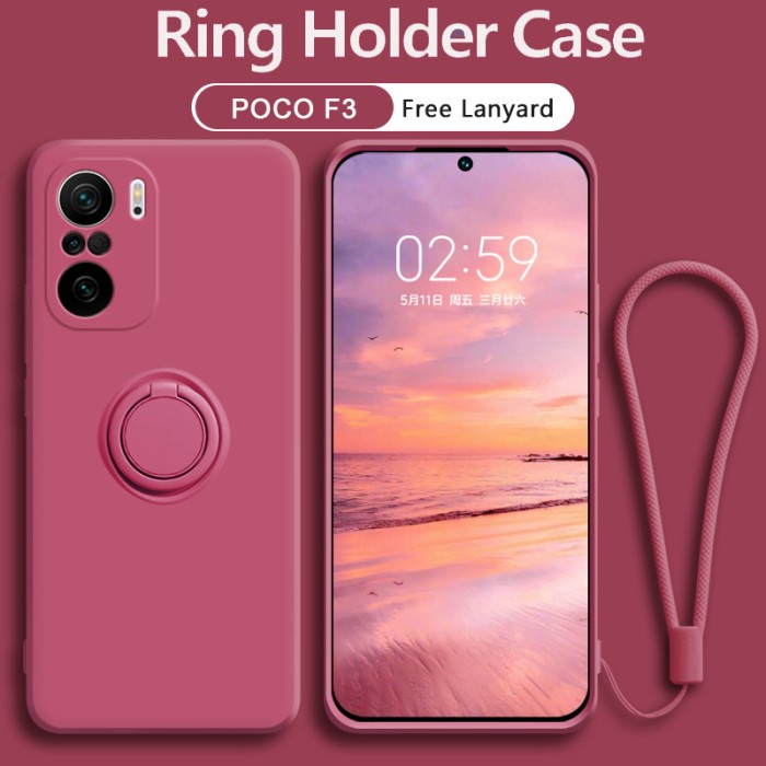 Premium Case Xiaomi Poco F3 Case Matte Ring Holder Liquid Silikon Lanyard Soft - Merah Casing Cover