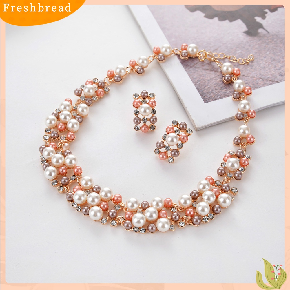 Terlaris 2Pcs Women Fashion Faux Pearl Rhinestone Inlaid Necklace Earrings Jewelry Set