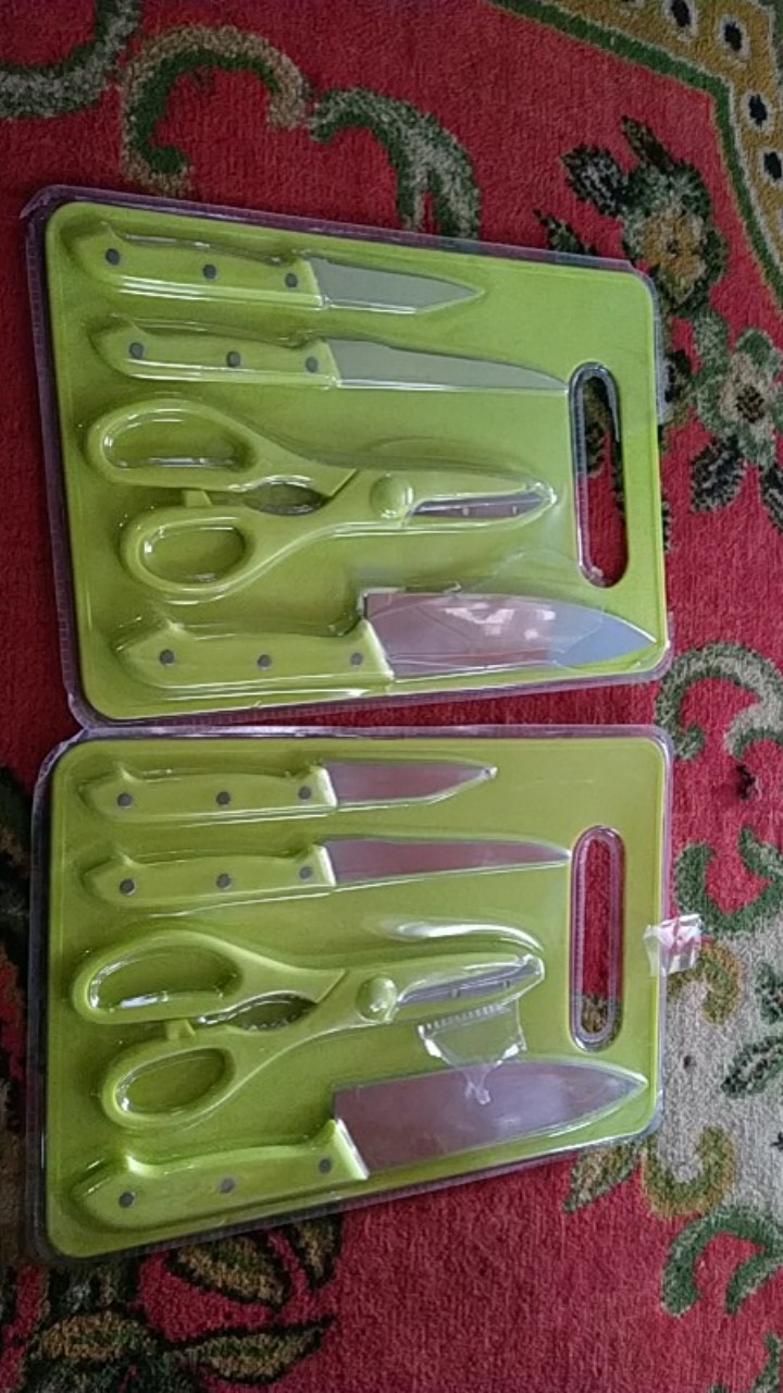 Pisau Set Talenan/telenan 5pcs Pisau Dapur Pisau Roti Pisau Daging Gunting Sayur