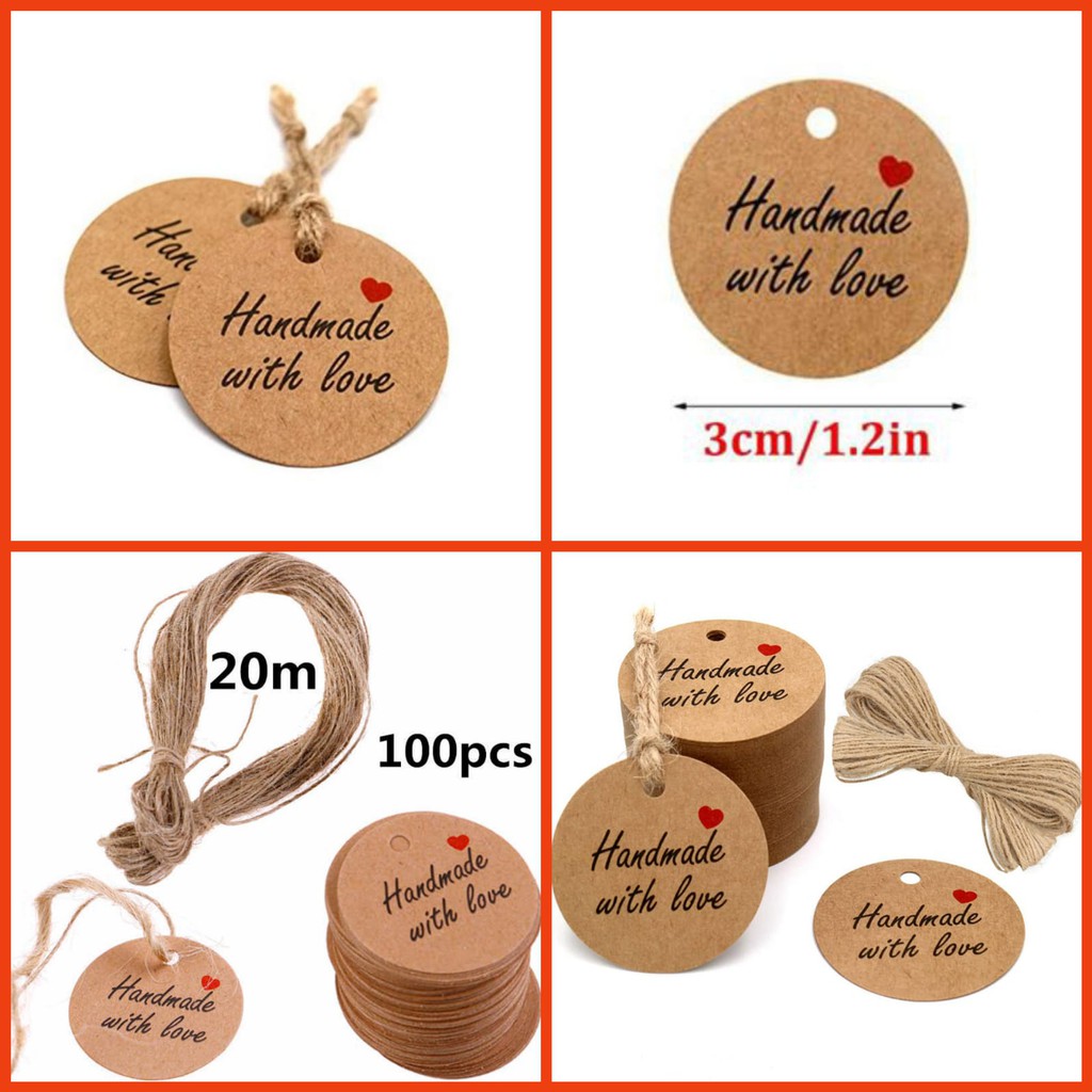 

100pcs Hang Tag HANDMADE WITH LOVE + Tali goni 20m