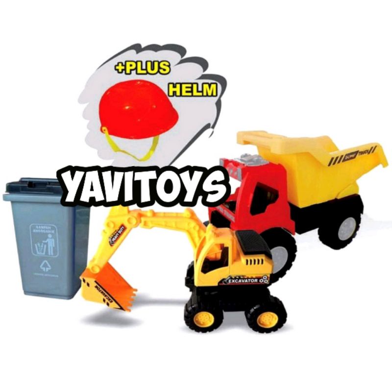 AK 114 MAINAN HEAVY DUMP TRUCK DAN EXCAVATOR KECIL + HELM DAN TEMPAT SAMPAH BESAR / MAINAN MOBIL KEB