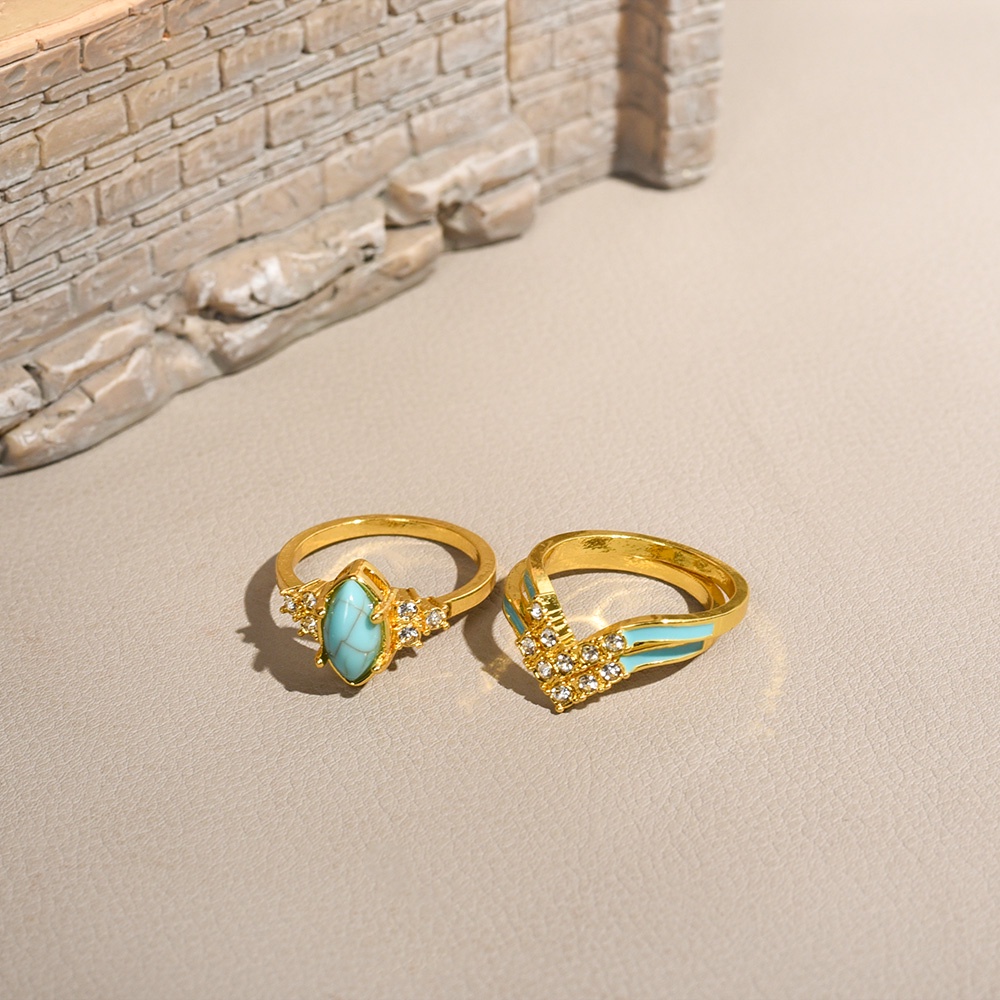 3pcs Cincin Hias Berlian Imitasi Warna Turquoise Gaya Vintage Untuk Wanita