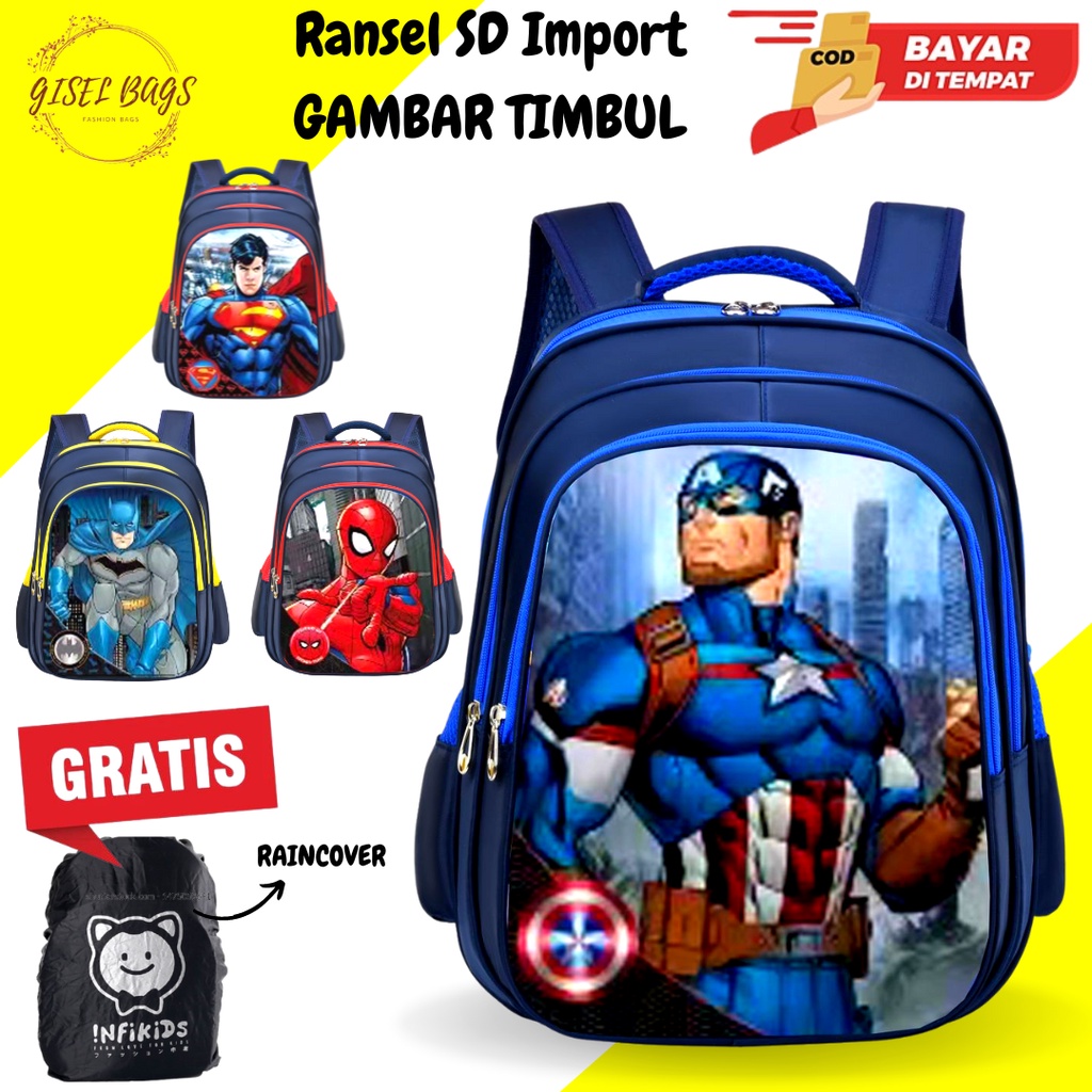 Gisel bags tas Sekolah Anak Laki Laki sd karkater Super Hero Gambar timbul Tas Anak Import Bahan Tebal Cod Bayar di tempat