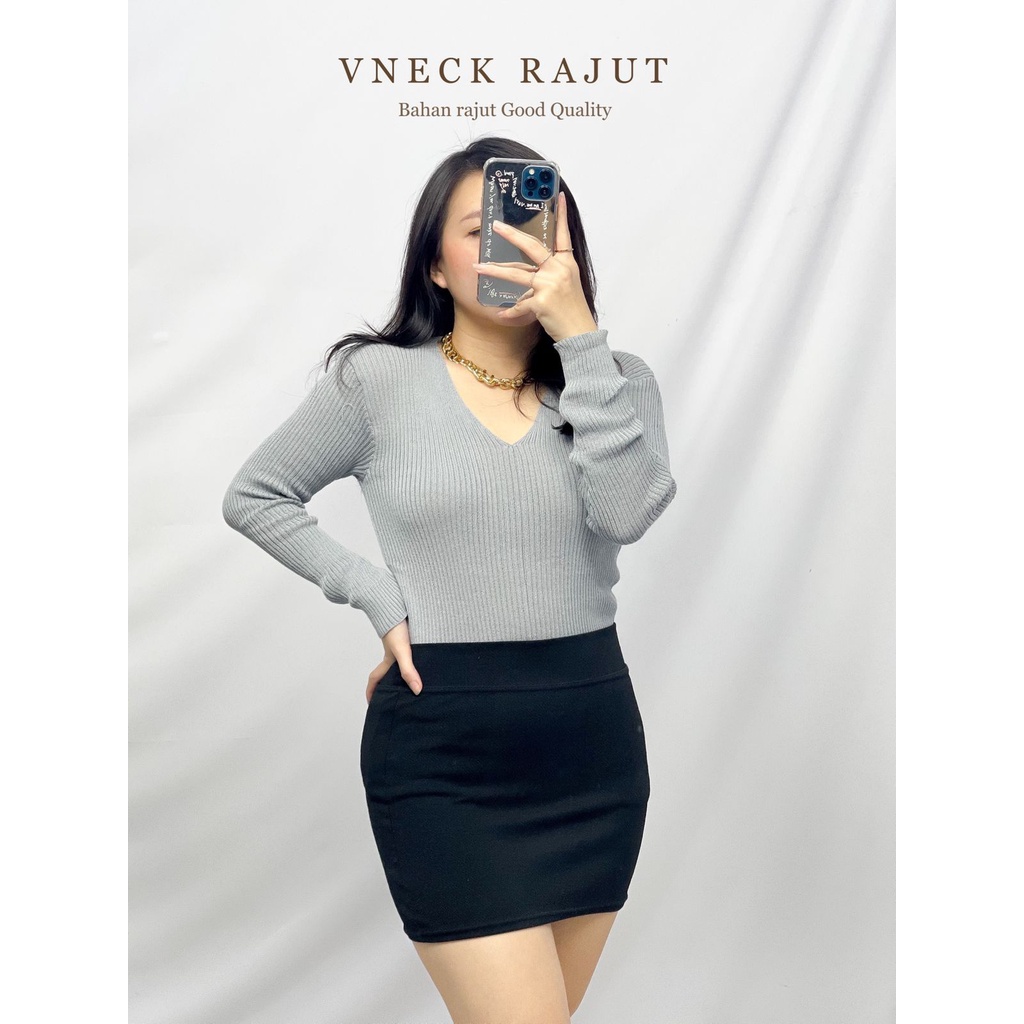 HOPYLOVY - Atasan Rajut Wanita V Neck Lengan Panjang Cantika