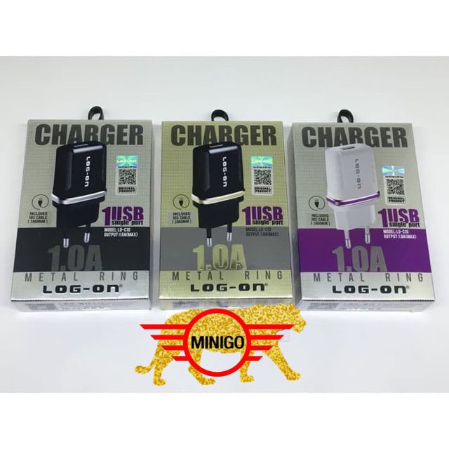 MINIGO LOG ON CHARGER MICRO/ANDROID, IPHONE , TYPE C 1OP 1.0A LO-C10 (SUDAH TERMASUK KABEL 1 METER)