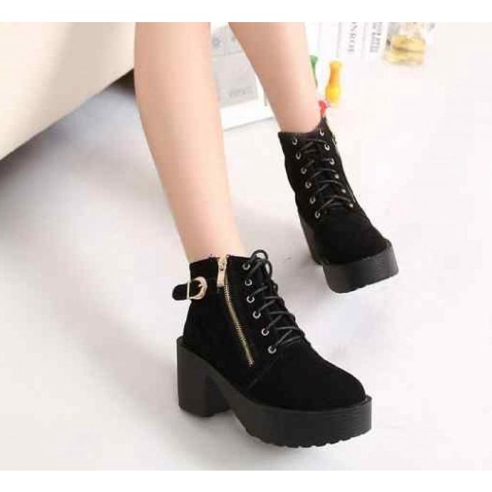 Womens Side Zip Ankle Boots Suede Platform Round Toe Wedge High Heels Warm Shoes 