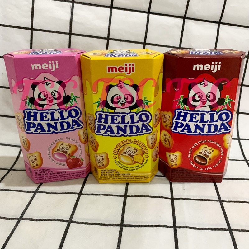 

Meiji Hello Panda / Biscuit / Strawberry / Chocolate / Cheese / Cream / Stroberi / keju / cokelat / biskuit / isi / krim / with / Biscuits / anak