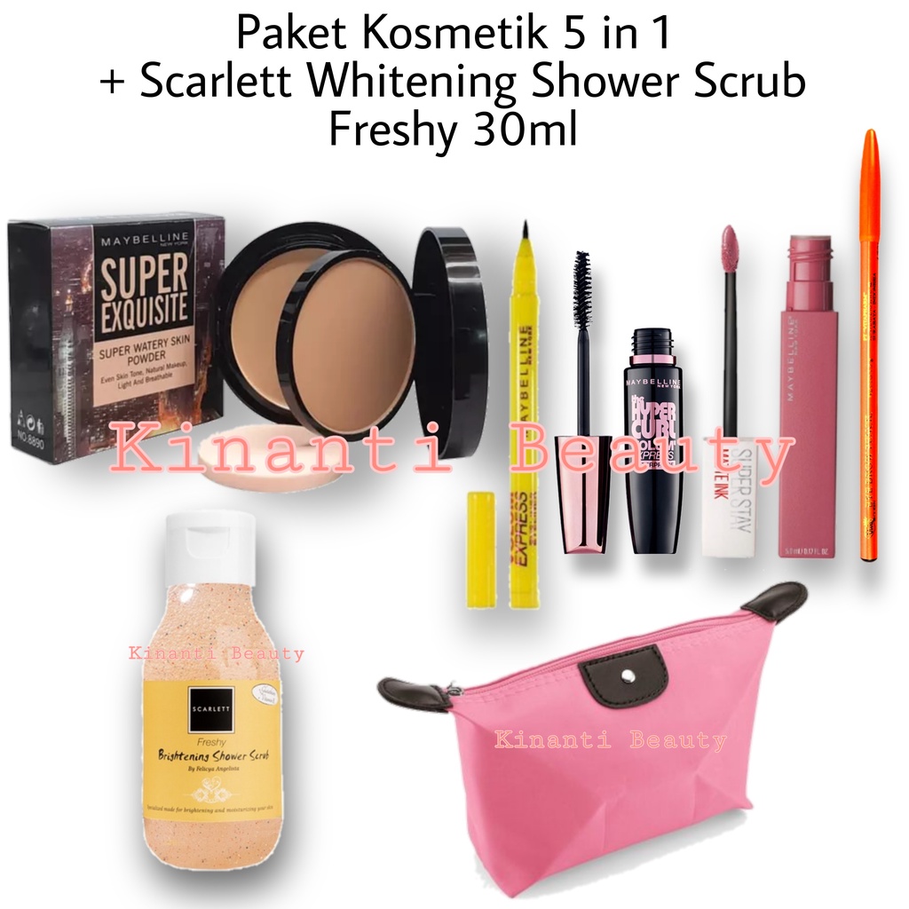 Paket Kosmetik Maybelline 5 in 1 + Scarlett Whitening Shower Scrub Original - Bedak - Maskara - Eyeliner - Lipcream - Pensil Alis - Scarlett Whitening Shower Scrub Charming - Jolly - Freshy - Gratis Tas Kosmetik Pouch-1