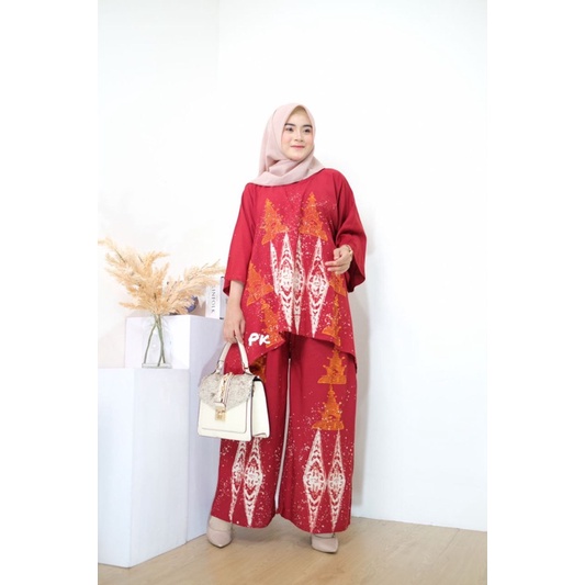 ONE SET WAKA ABSTRAK CAP HANDMADE SIZE JUMBO LD 130 SETELAN KEKINIAN BAJU SETELAN WANITA TERBARU BIGSIZE