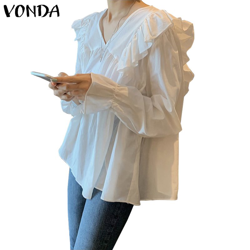 Vonda Women Korean Long Sleeve Solid Color Pleated Casual Ruffled Blouse