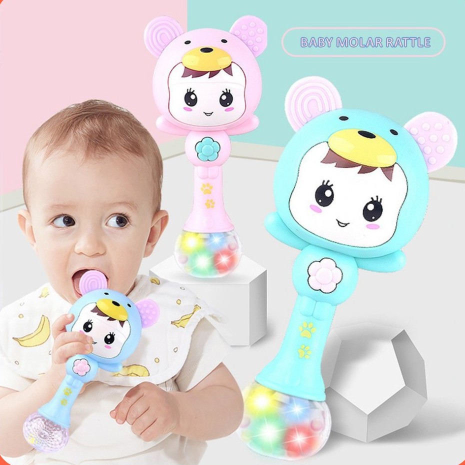 Mainan baby Molar Rattle drum 3in1 musik dan Lampu usia 0+bulan dan 18m+