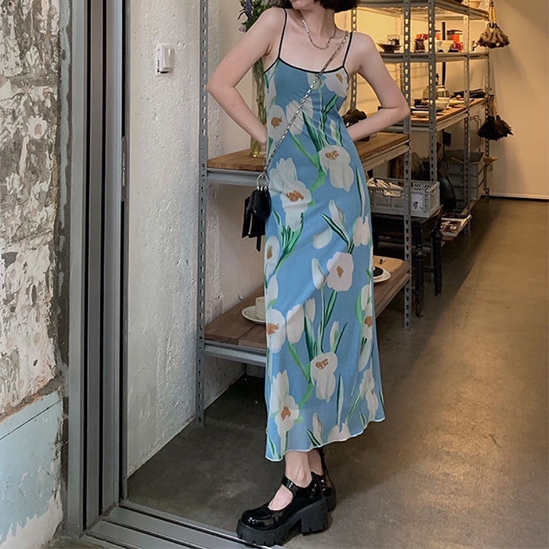 Dress panjang tali ikat wanita dress skinny kerah persegi motif bunga modis