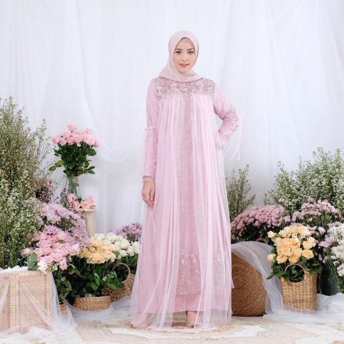 Gamis Pesta Mewah Brukat Brokat Syar'I Tile Gamis Wanita Lebaran - Pink Tamarablerin