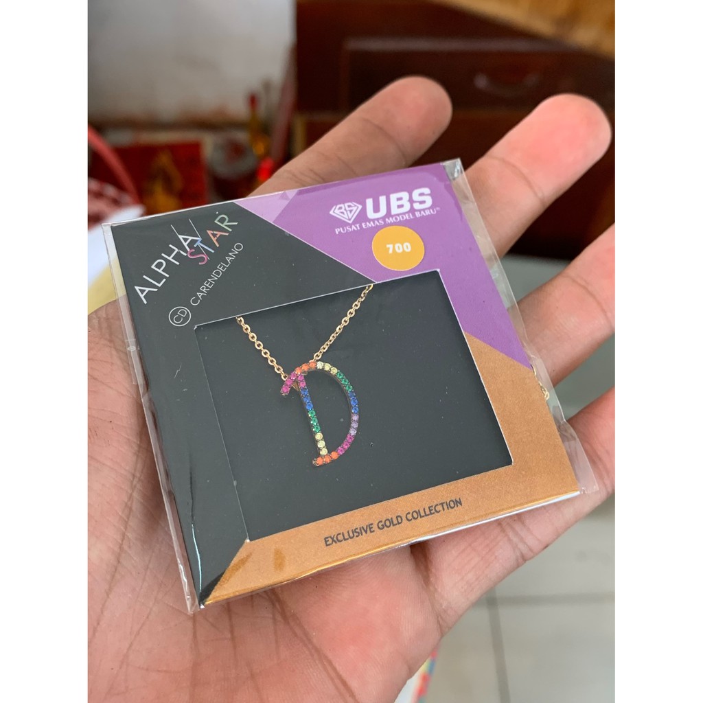 Kalung huruf inisial abjad alpha star carendelano ubs permata warna warni anak dan dewasa emas asli kadar 700 70%