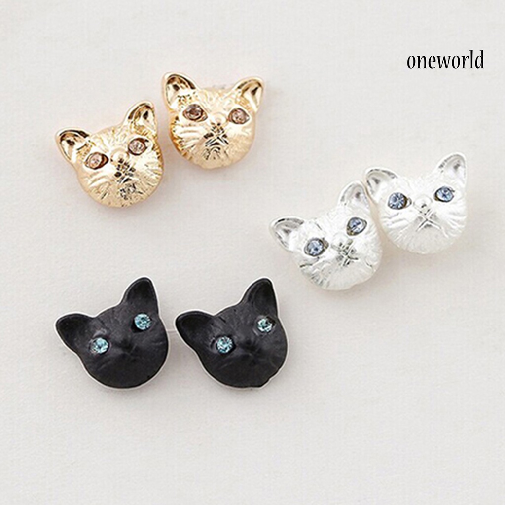 OW@ 1 Pair Women Cute Cats Head Rhinestones Inlaid Ear Studs Earrings for Party Club