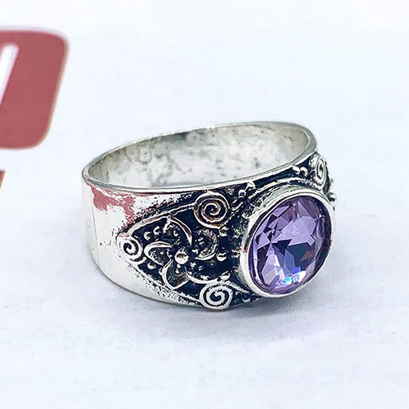 Cincin Sterling Silver 925 Gaya Vintage Dengan Ukiran Bunga + Batu Amethyst Alami Untuk Wanita