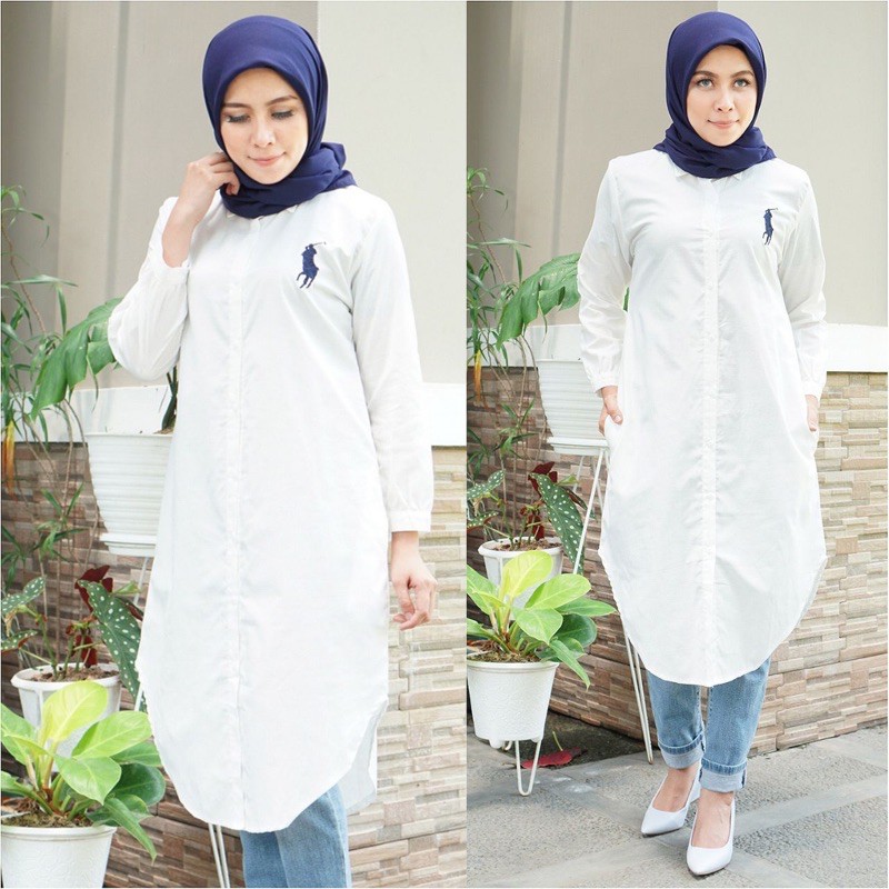 VOUZY || DRESS POLOS WANITA LENGAN PANJANG SEBETIS ALL SIZE / LONG DRESS PUTIH / BISA COD / HIJAB