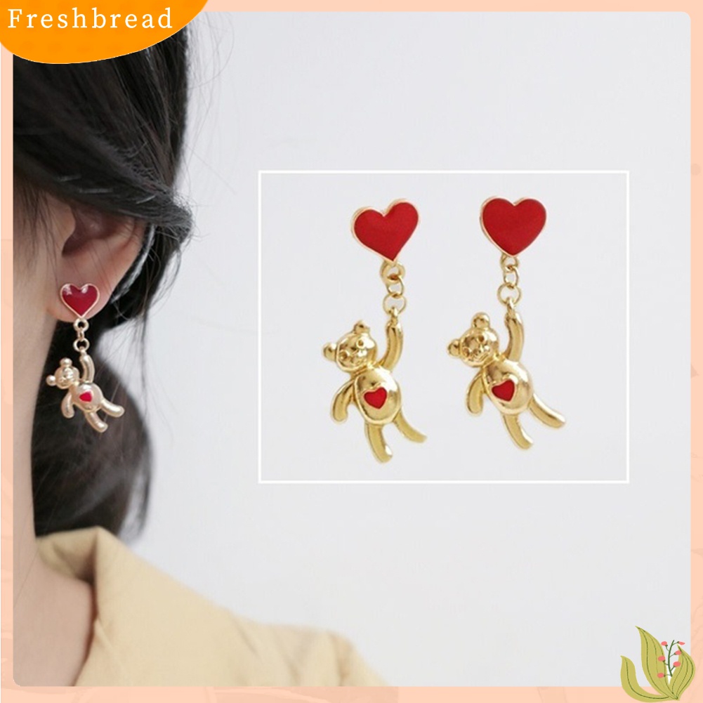 Fresh| Anting Tusuk Gantung Asimetris Desain Hati / Beruang / Balon Udara Untuk Wanita