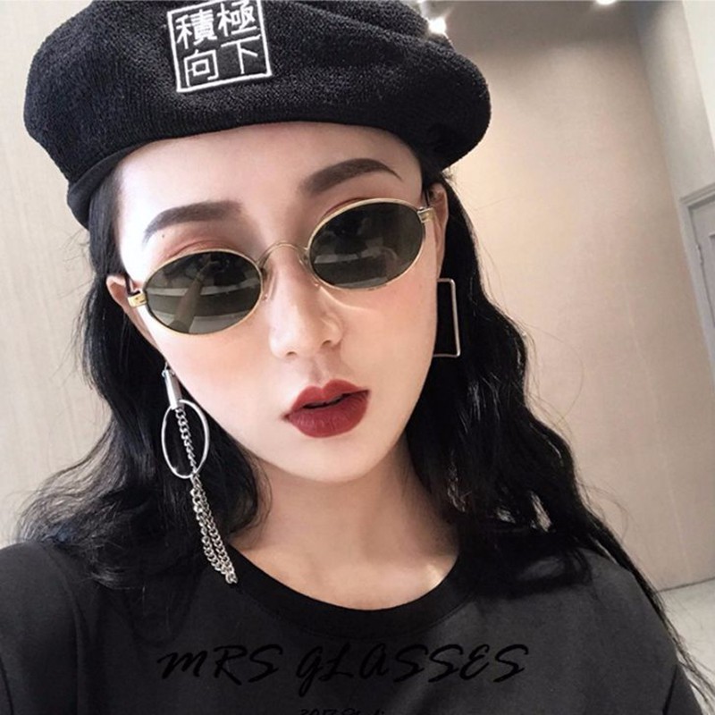 (YUZHU) Kacamata Hitam Bulat Pria/Wanita Korea Ulzzang Harajuku Vintage Style Oval Metal Frame Sunglasses UV Protection