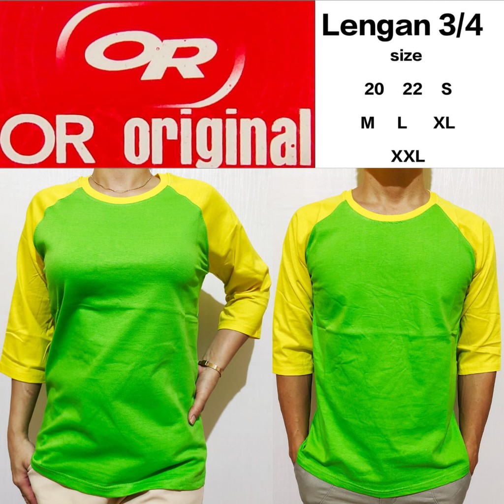 Kaos Polos Reglan Hijau Stabilo Lengan Kuning Kenari 3/4 M L XL XXL