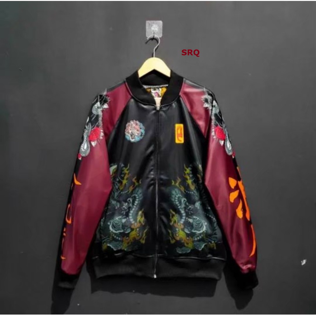 Jaket Sukajan Naga Bahan Lotto Jacket Dragon Jepang Japan Warna Hitam Kombinasi Maroon Pria Lelaki L