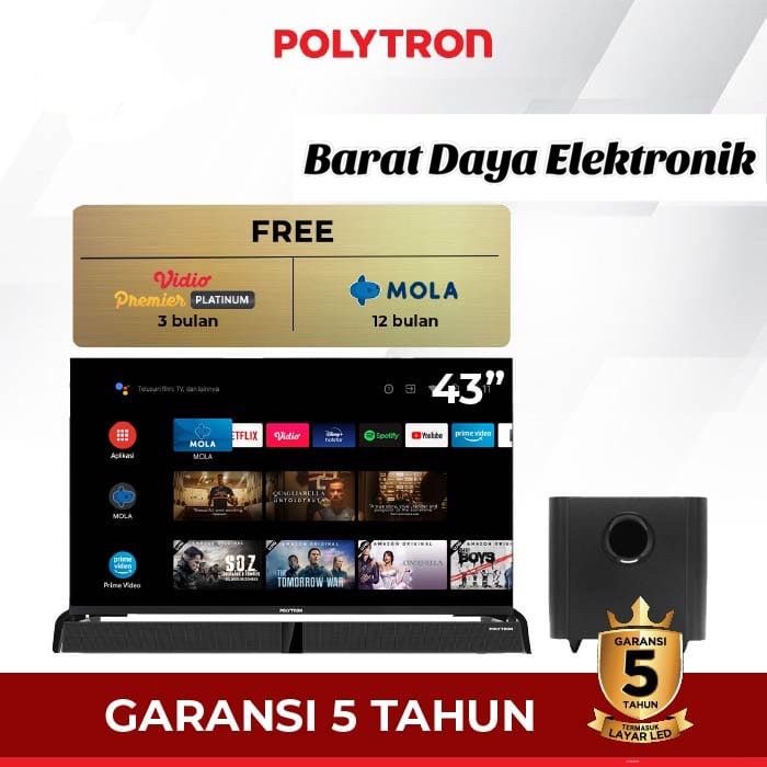 Polytron LED Smart Android TV 43&quot; + Sound Bar Digital PLD 43BAG9953