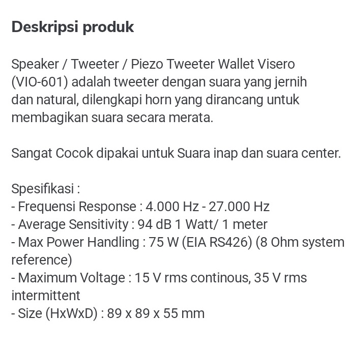 Speaker / Tweeter / Piezo Tweeter Wallet Visero (VIO-601)