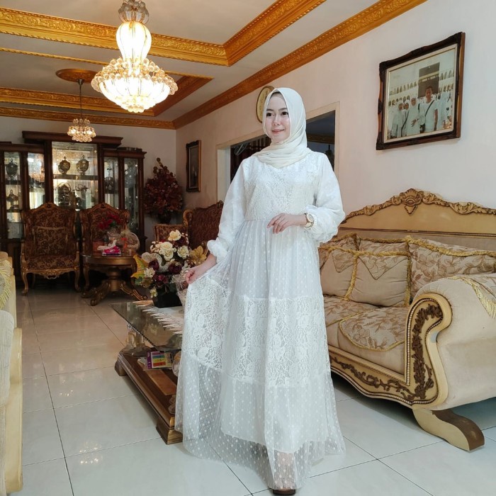 Gamis Akad Nikah Putih Bahan Brukat Tile - Alexa