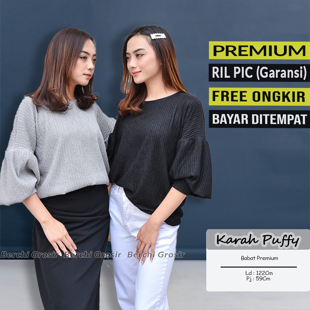Karah Puffy Blouse Wanita Lengan Panjang Korean Jumbo Style Korea Balon Blus Hitam Putih Bluse Musli