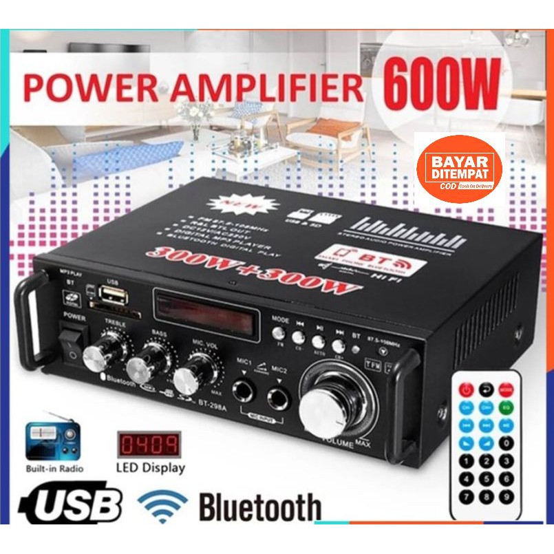 ampli power player Amplifier Bluetooth USB MMC FM Radio untuk di rumah dan mobil AC 220 / DC 12V