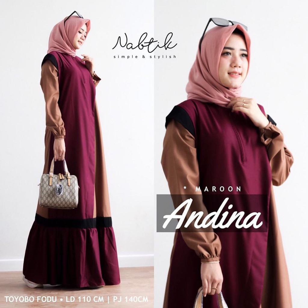 CUCI GUDANG ANDINA DRESS Bahan Mosscrepe Pakaina Wanita Gamis Panjang Terusan Gamis Wanita Dress Mulim Terbaru