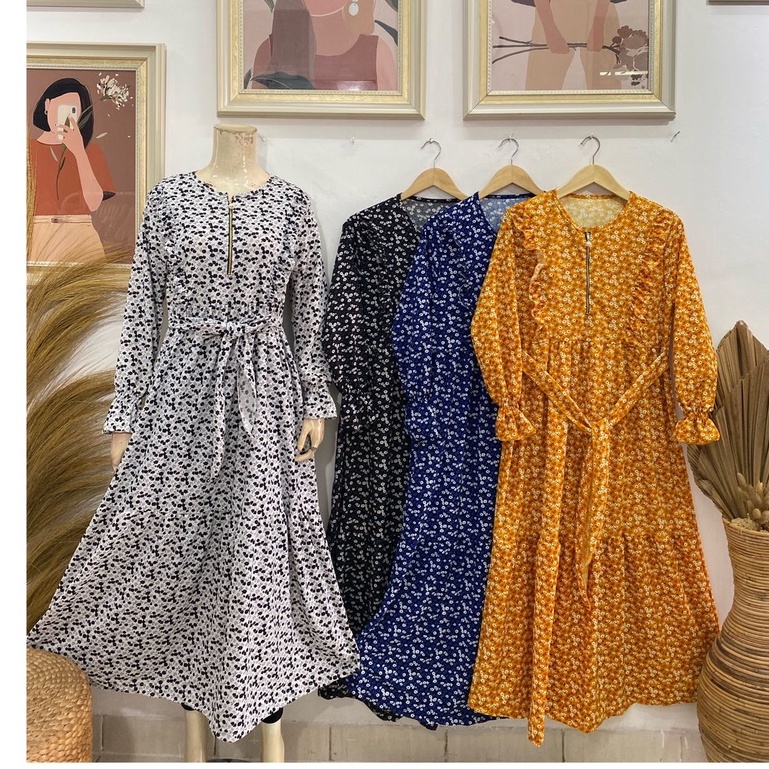 Gamis busui motif bunga rempel dada lengan smoked bahan voxy premium merk latin