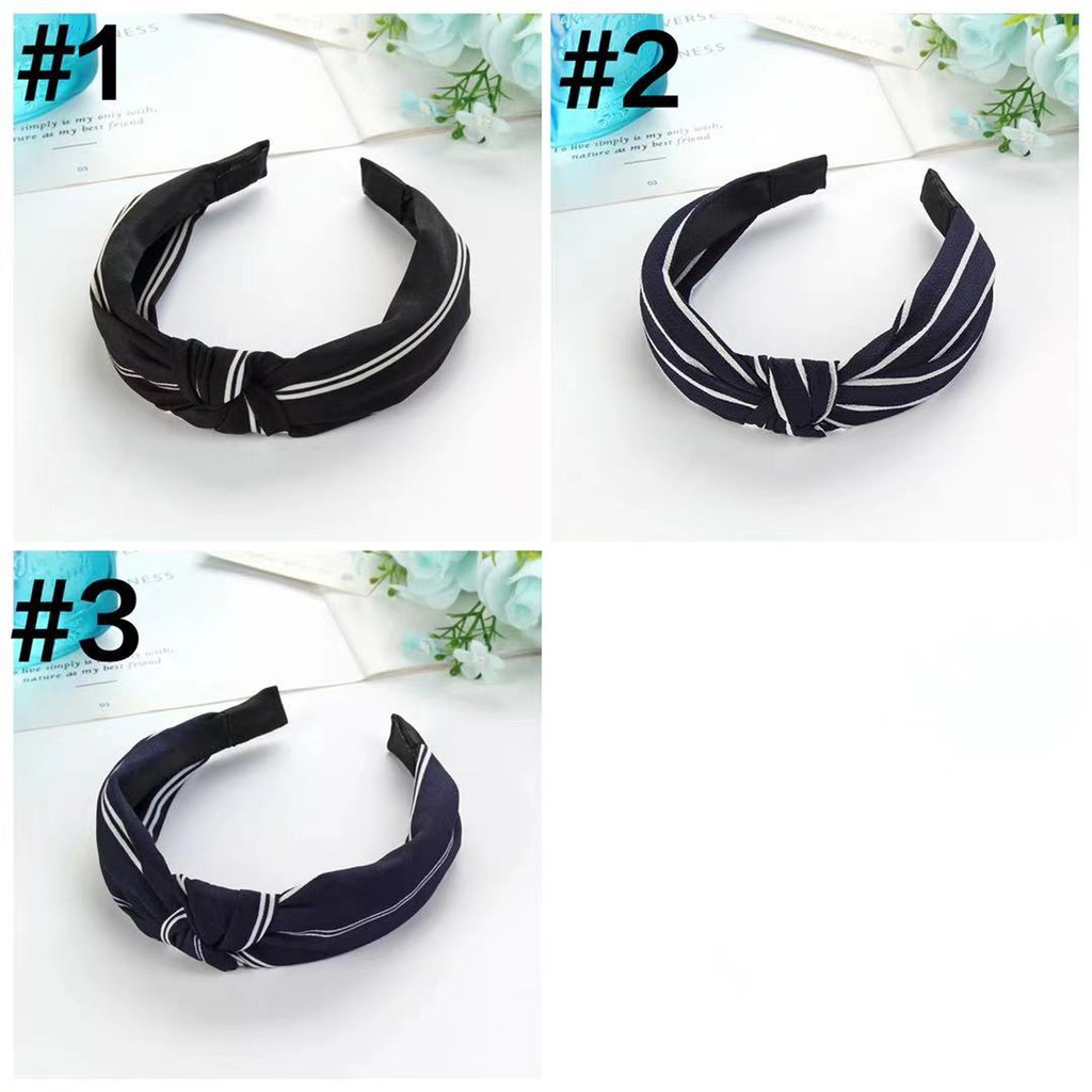 Headband Bando Korea Style Bandana Polos Bando Kain Motif Garis-Garis Bando Simpul Import