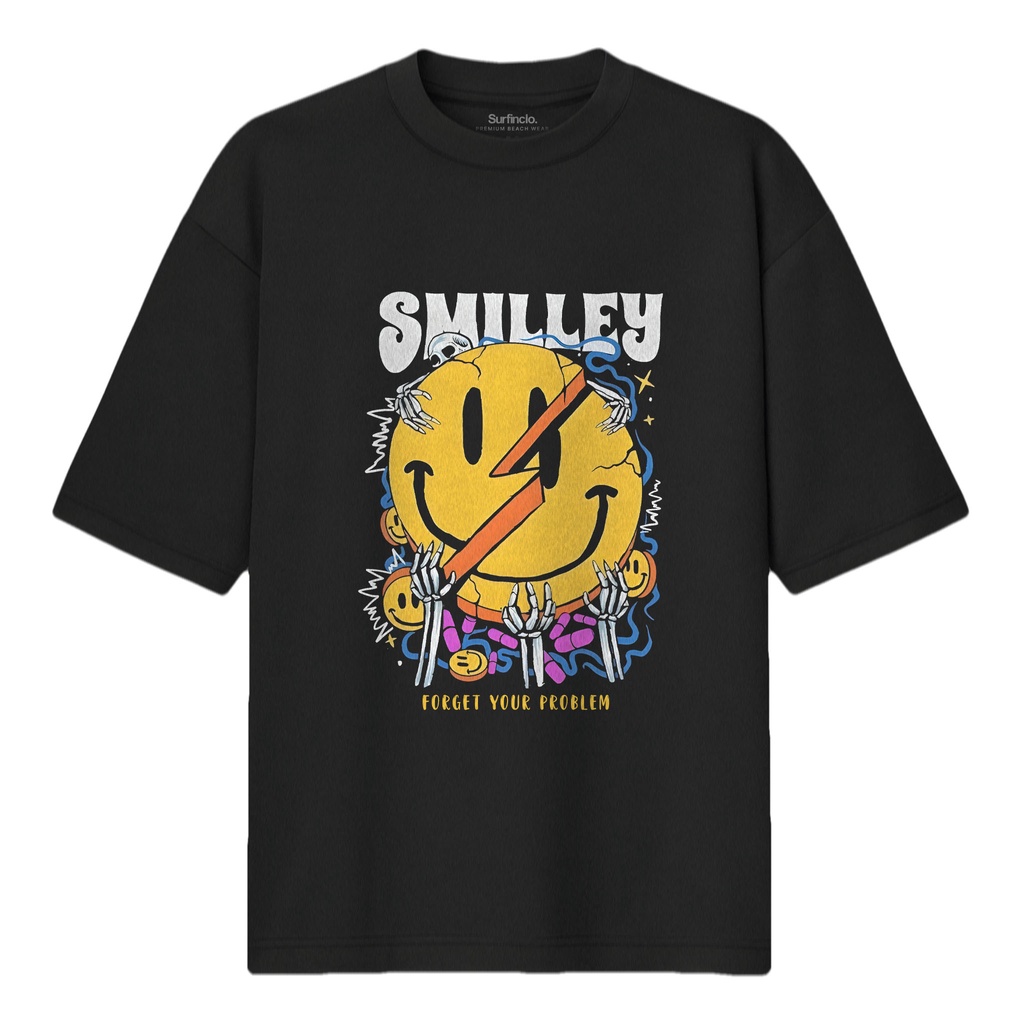 Surfinclo Oversized T-Shirt  Smilley Black Streetwear Premium Cotton 24s