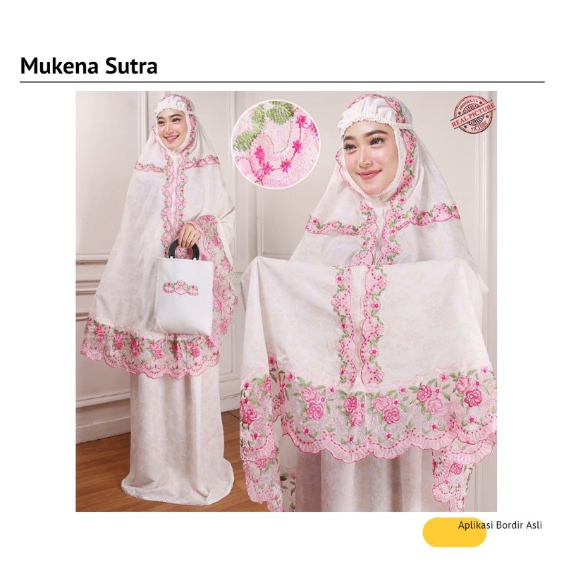 MUKENA PUTIH POLOS SUTRA PINK BORDIR ORIGINAL
