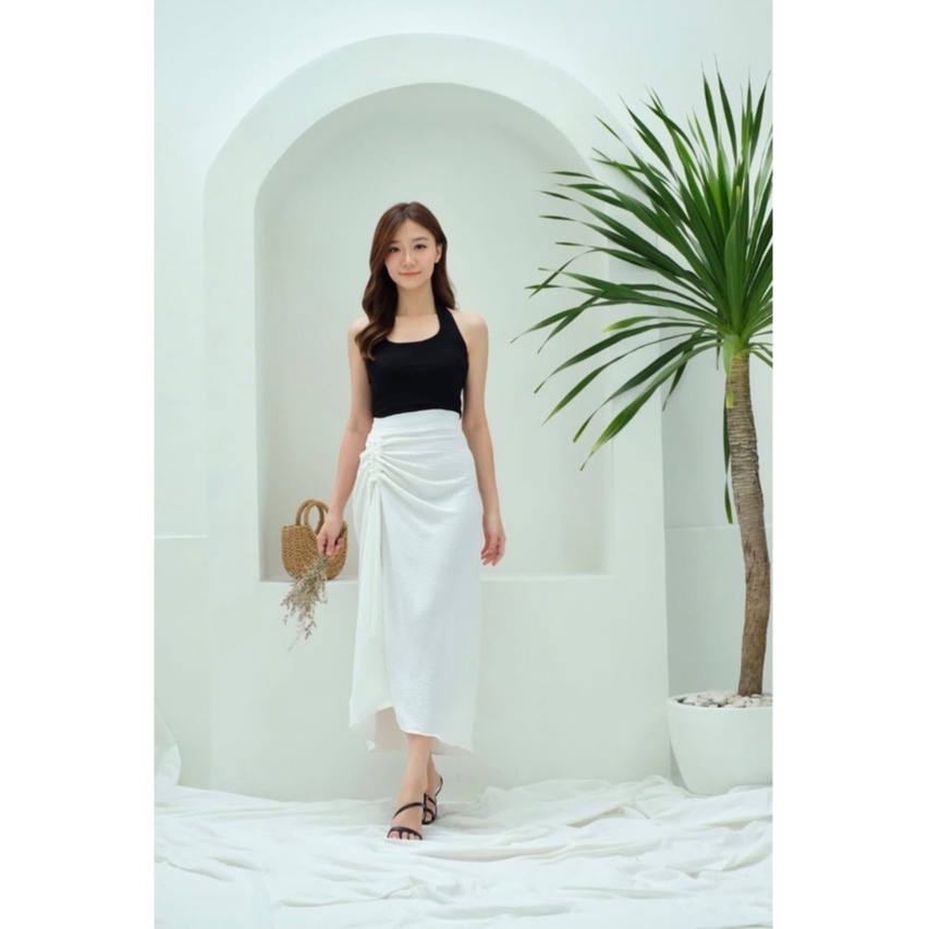 Rok Serut Casual Flowy - Midi Maxi Ruched Skirt - Rok Wanita Korean Look-White