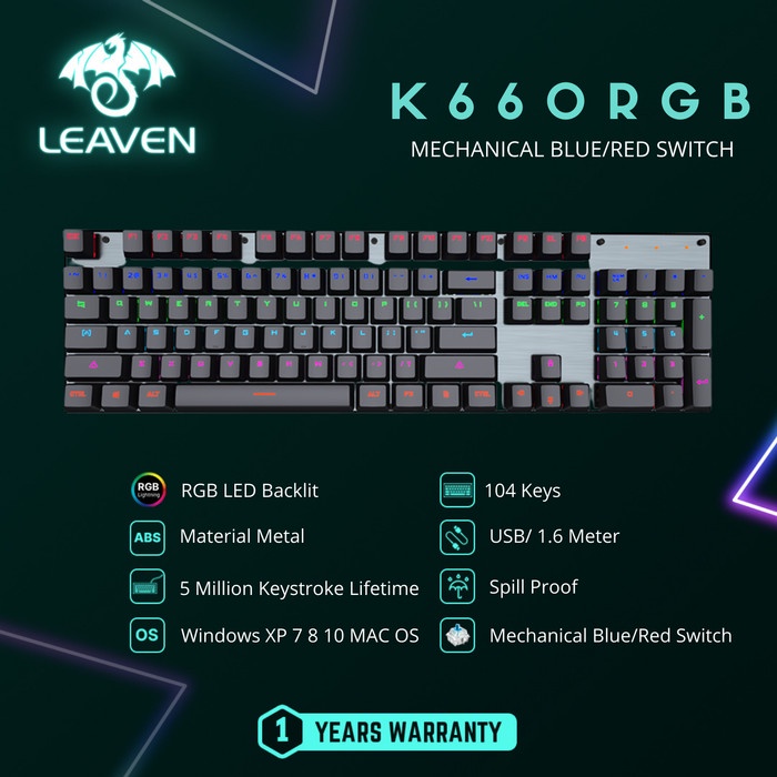 Leaven Keyboard Gaming Mechanical K660 104 Keys Lampu RGB - Hitam