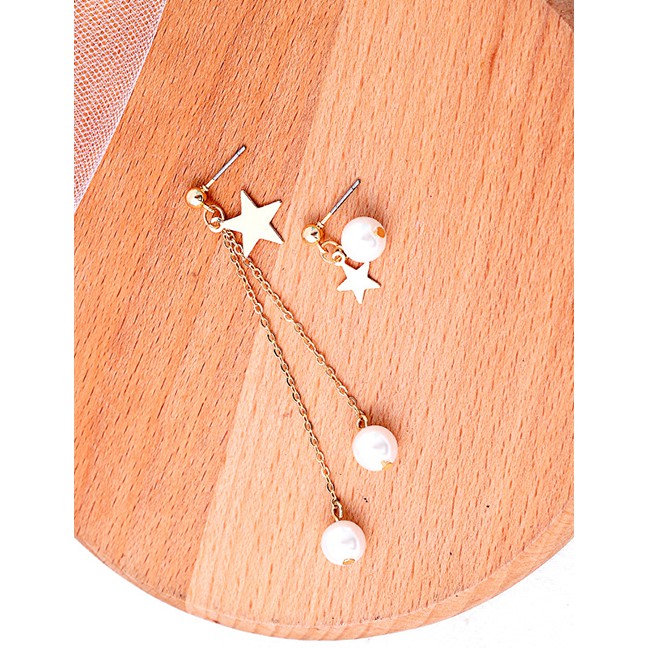 LRC Anting Tusuk Fashion Gold Asymmetrical Star Pearl Earrings F94071