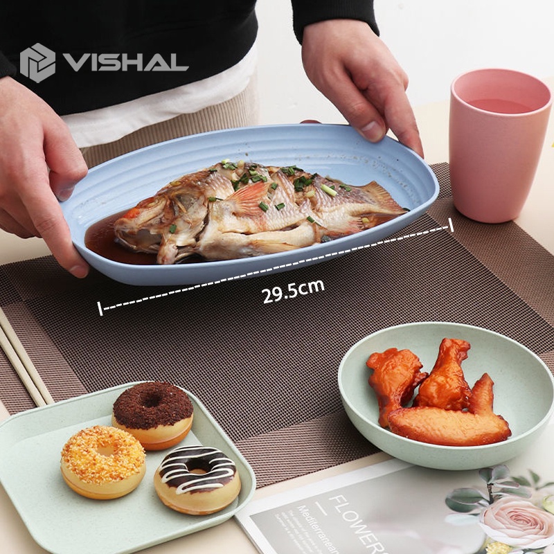 VISHAL 1Set Dinner Plate Piring Bulat Mangkok Wheat Straw Bowl Sumpit Sendok Free BPA Mangkuk / Gelas / Jerami Makan Bowl