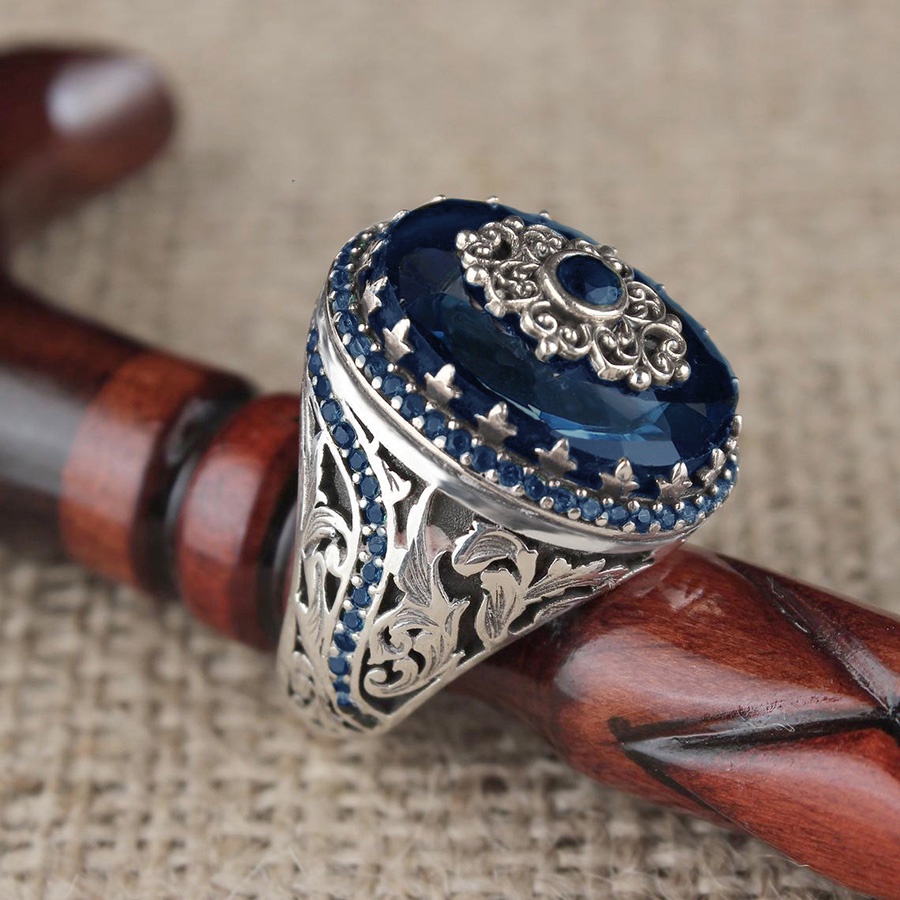 Safir Cincin Berlian Vintage Perak S925 Perhiasan Fashion Pria Punk Baja Titanium Kristal Rings