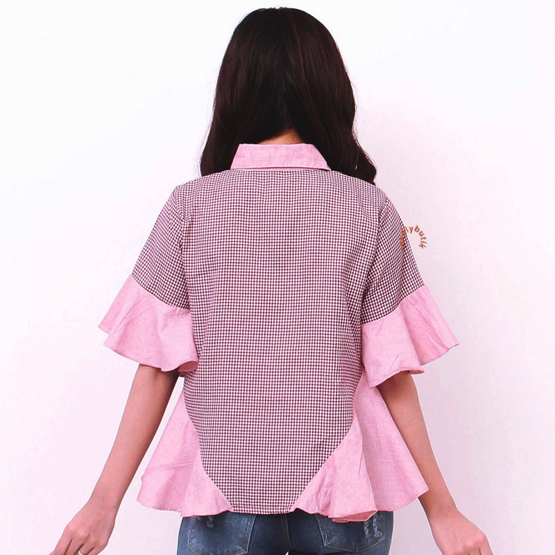 Lovelybutik Gisella Rimple Casual Blouse Kemeja Trendy Wanita Lengan Pendek Motif Kotak