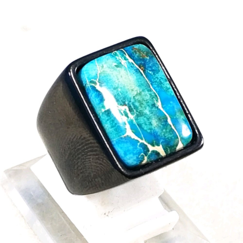 CINCIN BATU AKIK NATURAL PIRUS BIRU OCTAGON RING TITANIUM HITAM MAKIN BERGAYA