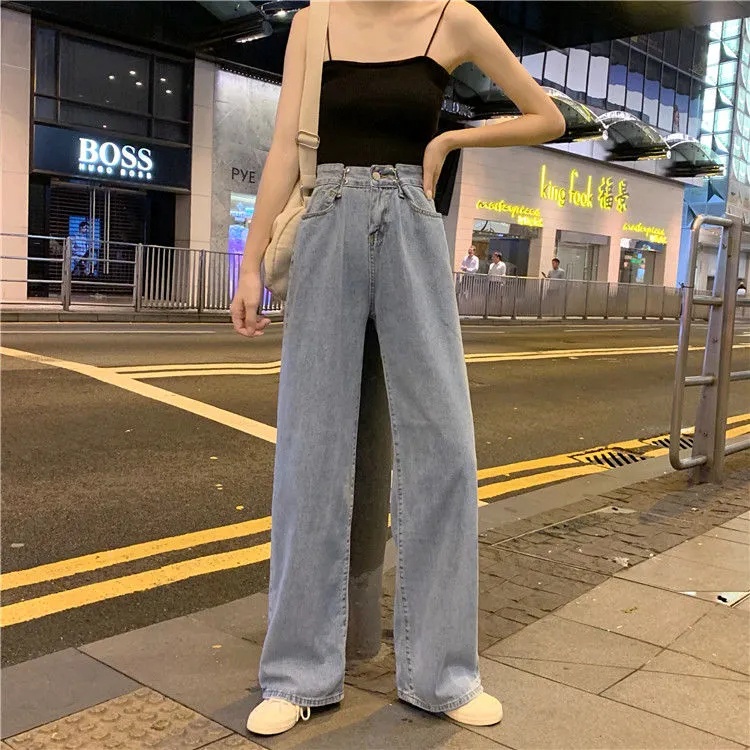 Korean New Women's Loose High Waist Wide Leg pengait celana jeans