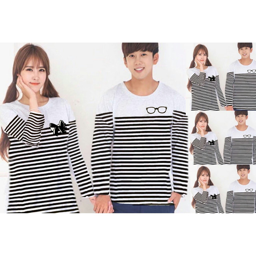 HCL Couple Glavi - Baju Couple Terbaru - Baju Pasangan Model Stripe - Kaos Couple kacamata Pita