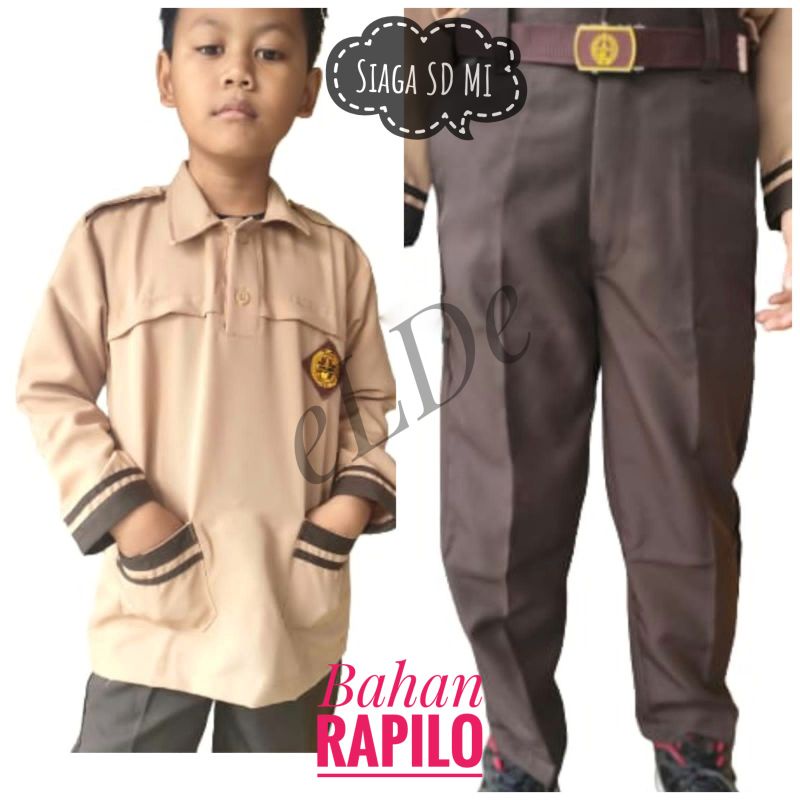 Setelan Baju Seragam Pramuka Siaga SD MI Tangan Panjang Laki Bahan Rapilo