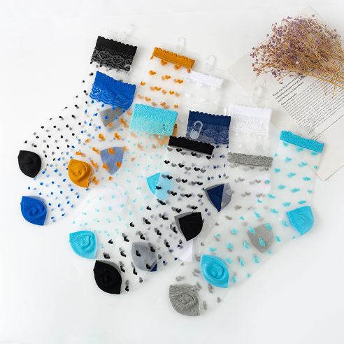 KKT 66-67 Kaos Kaki Korea Transparan Kekinian Motif Renda Polkadot Love